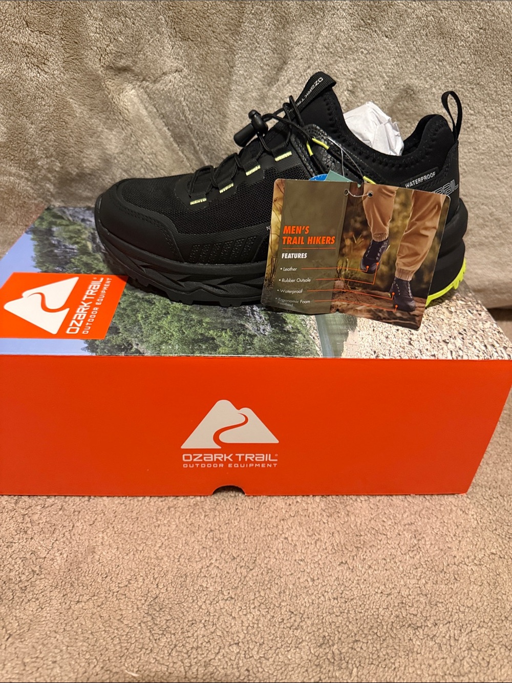 Ozark Trail Men's Black Hiking Boots with Lime Accents
